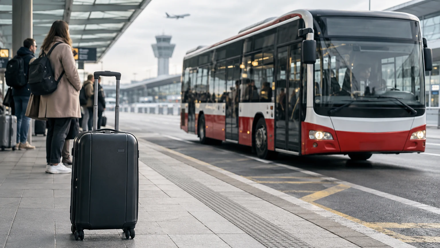 Autobus před letištním terminálem a cestovní kufr; AI ilustrační fotografie, nikoli snímek konkrétního výrobku nebo místa