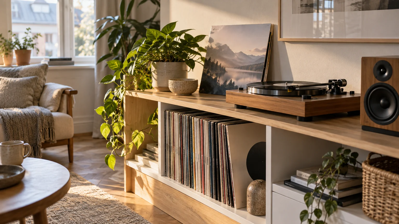 Gramofon a vinylové desky v domácím interiéru; AI ilustrační fotografie, nikoli snímek konkrétního výrobku nebo místa