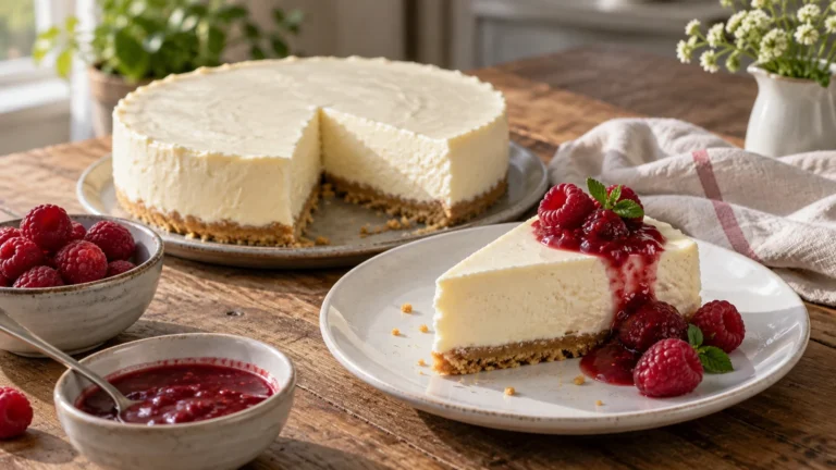 Nepečený cheesecake se sušenkovým dnem a malinovou omáčkou – AI ilustrační fotografie