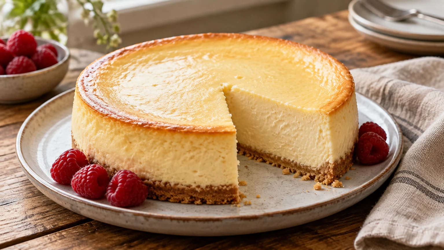 Pečený vanilkový cheesecake se sušenkovým základem a hladkým řezem – AI ilustrační fotografie