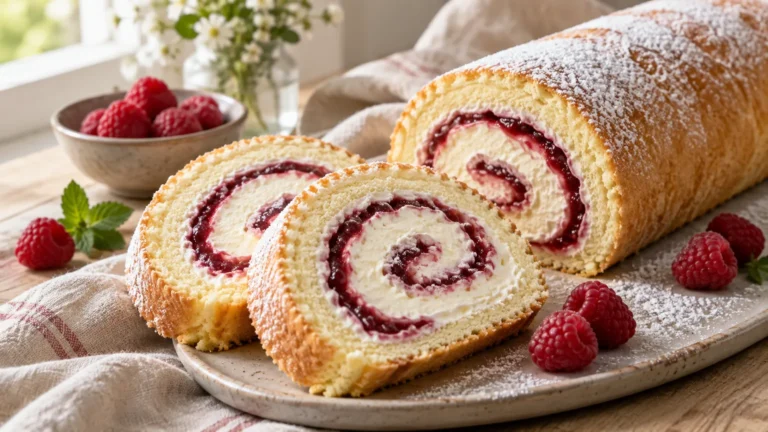 Piškotová roláda s mascarpone a malinovou spirálou – AI ilustrační fotografie
