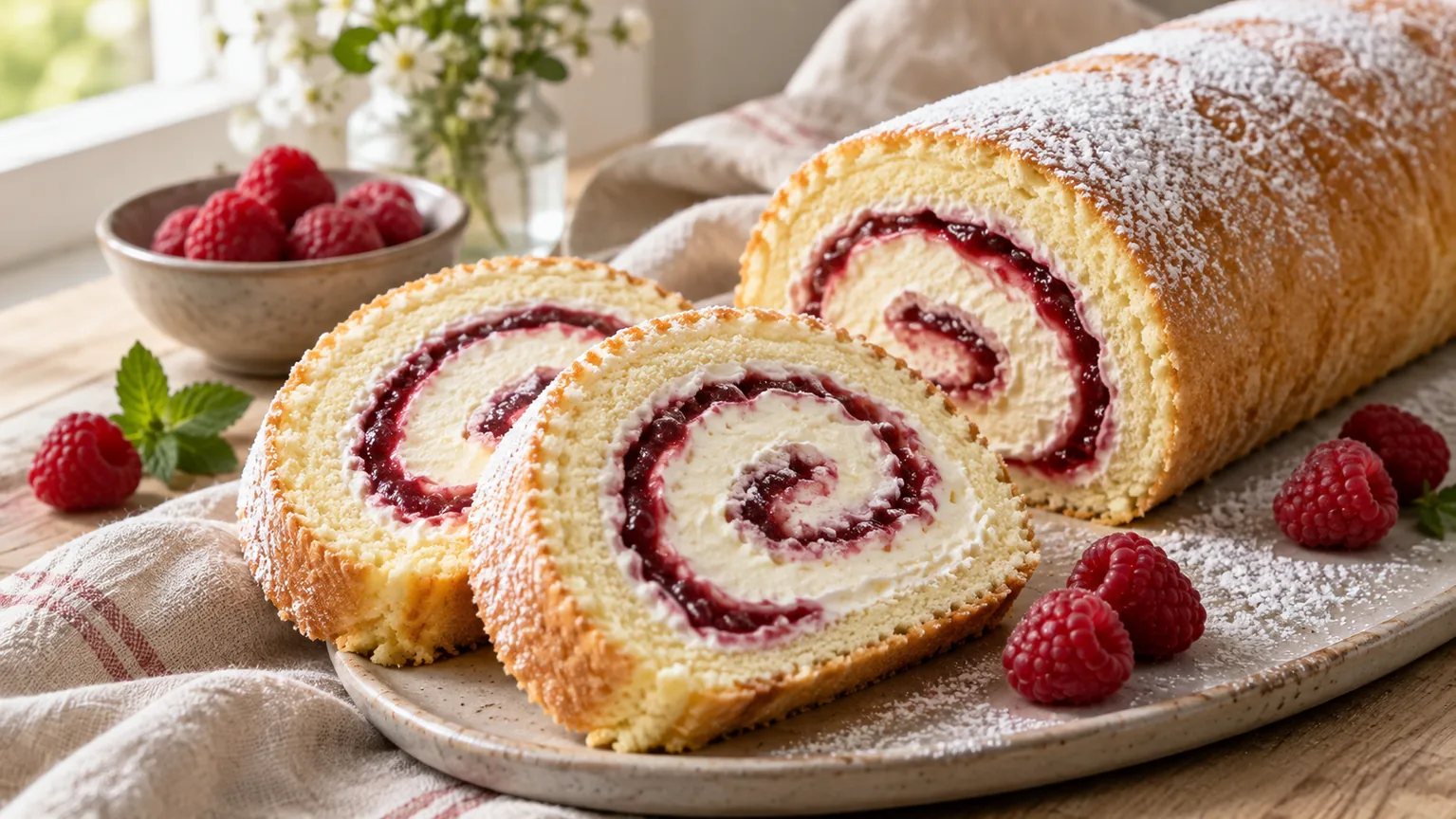 Piškotová roláda s mascarpone a malinovou spirálou – AI ilustrační fotografie