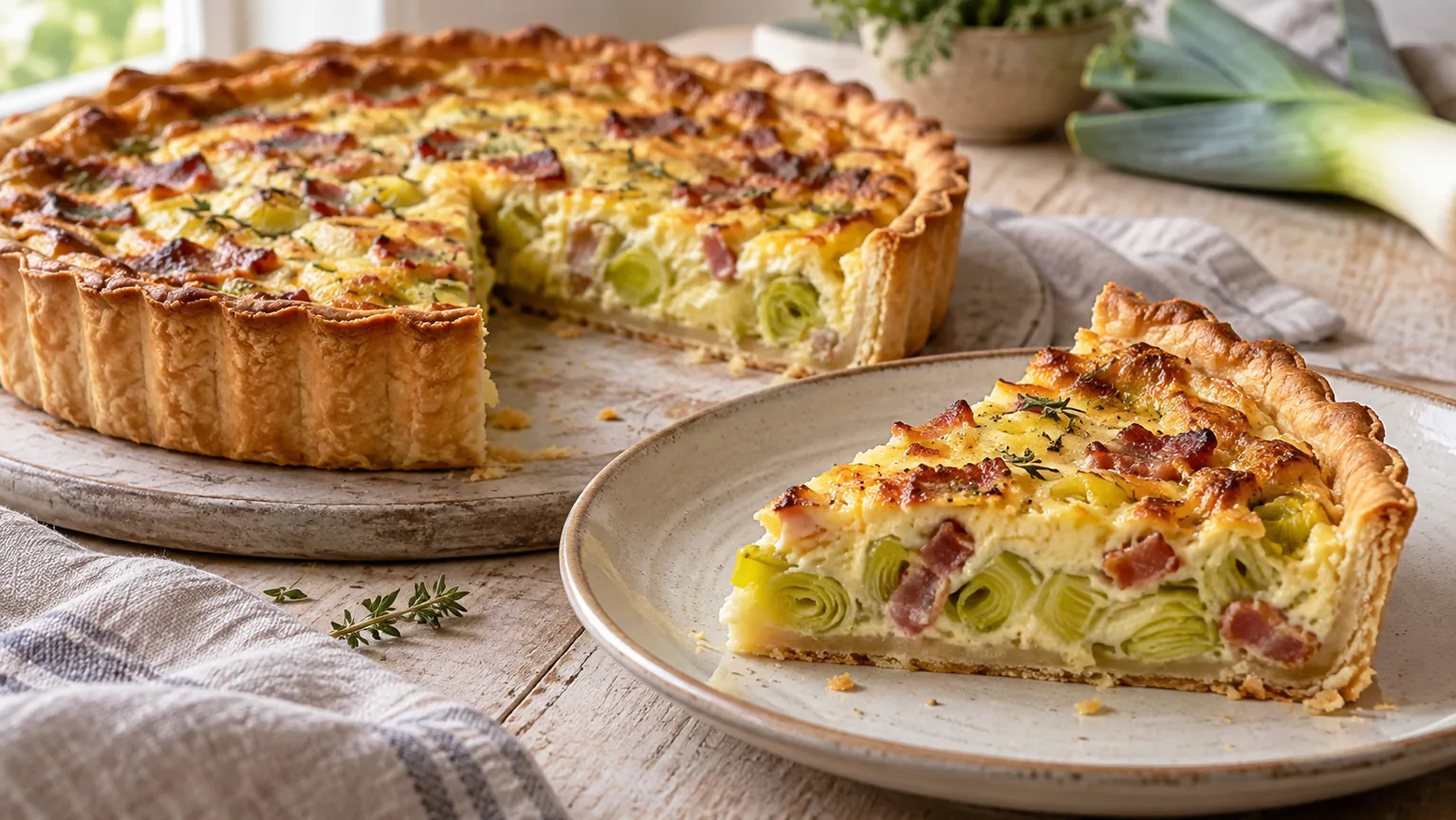 Pórkový quiche se slaninou a výsečí ukazující náplň – AI ilustrační fotografie