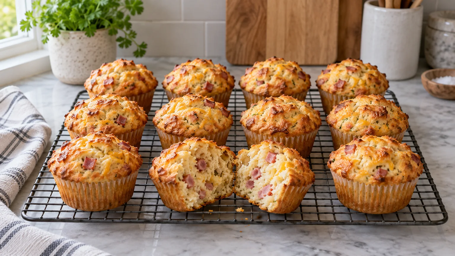 Slané muffiny se šunkou a sýrem na mřížce, jeden rozkrojený – AI ilustrační fotografie