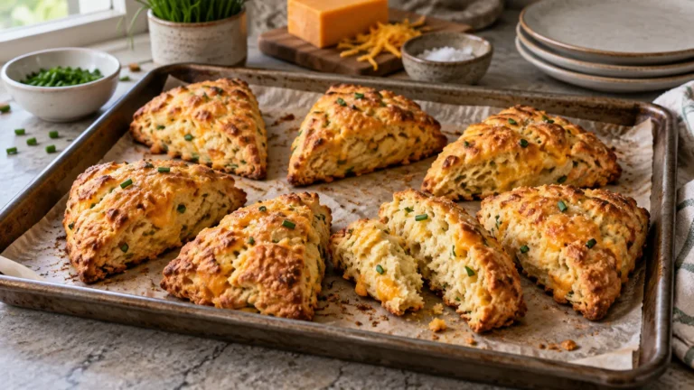 Zlaté trojúhelníkové scones s čedarem a pažitkou – AI ilustrační fotografie