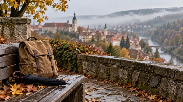 Batoh a deštník na podzimní vyhlídce nad historickým městem – AI ilustrační fotografie