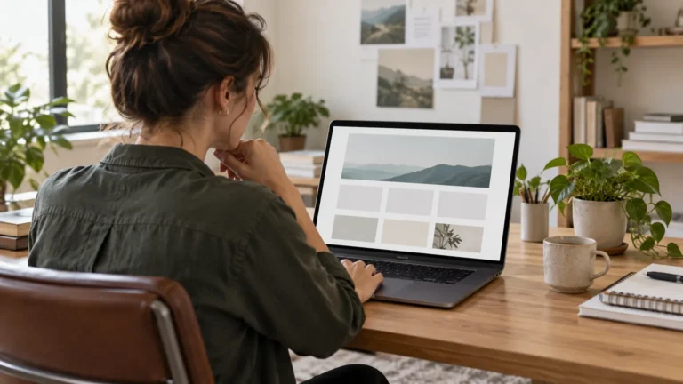 Žena prohlíží návrh webové stránky na notebooku