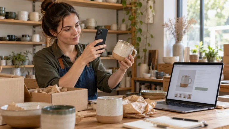 Prodejkyně připravuje fotografii keramického výrobku pro e-shop