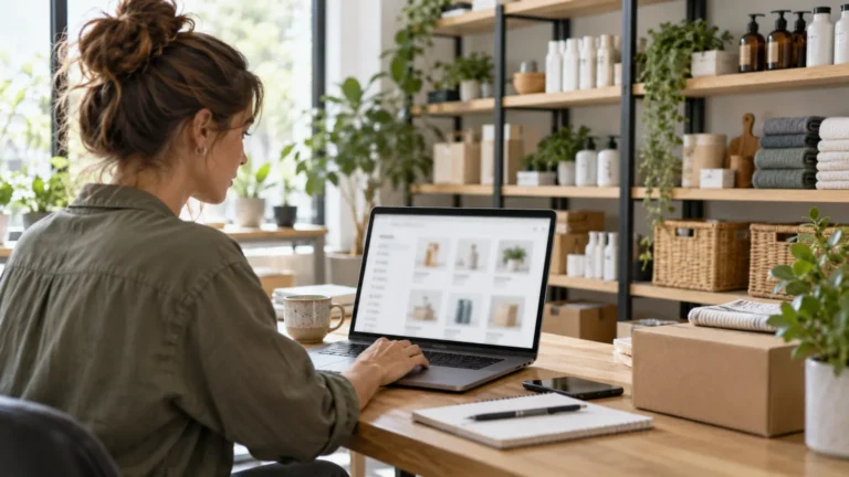 Správce e-shopu prohlíží seznam výrobků na notebooku