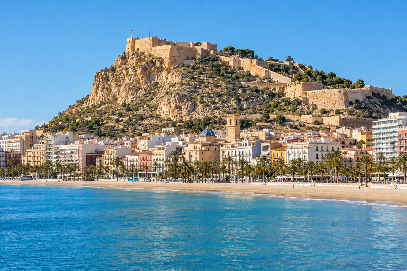 Alicante s hradem Santa Bárbara nad městem a pláží Postiguet – AI ilustrační fotografie