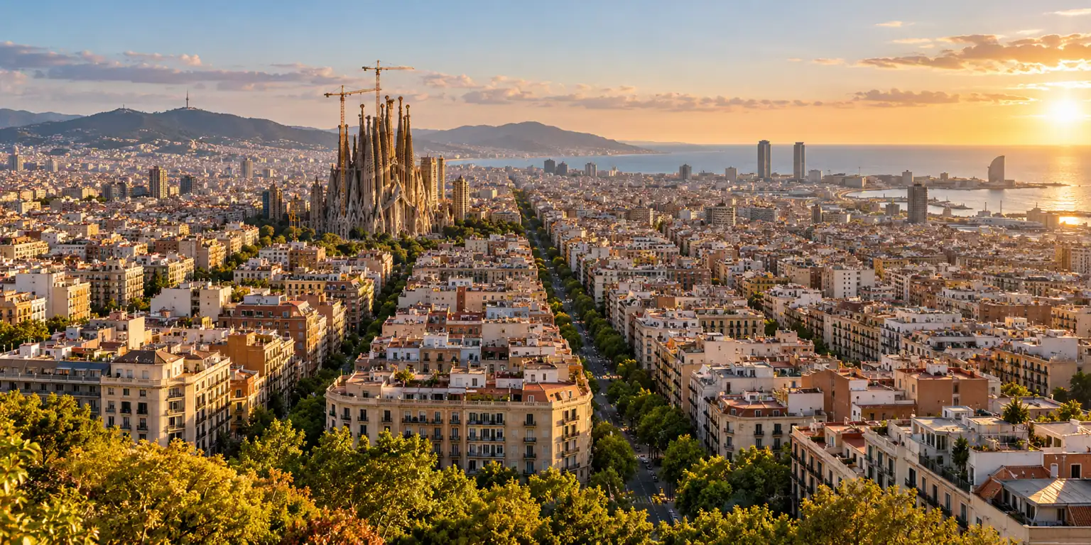Panorama Barcelony se Sagradou Famílií a městskou zástavbou – AI ilustrační fotografie