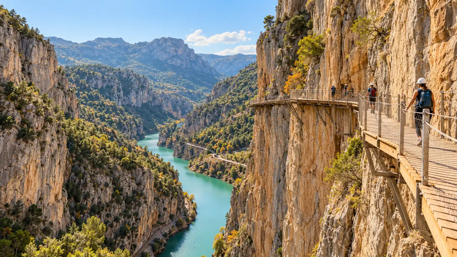 Lávka Caminito del Rey na skalní stěně nad soutěskou – AI ilustrační fotografie
