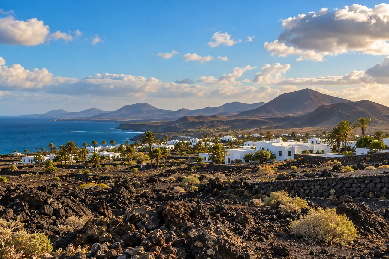 Sopečná krajina a bílé domy na Lanzarote za proměnlivého slunečného počasí – AI ilustrační fotografie