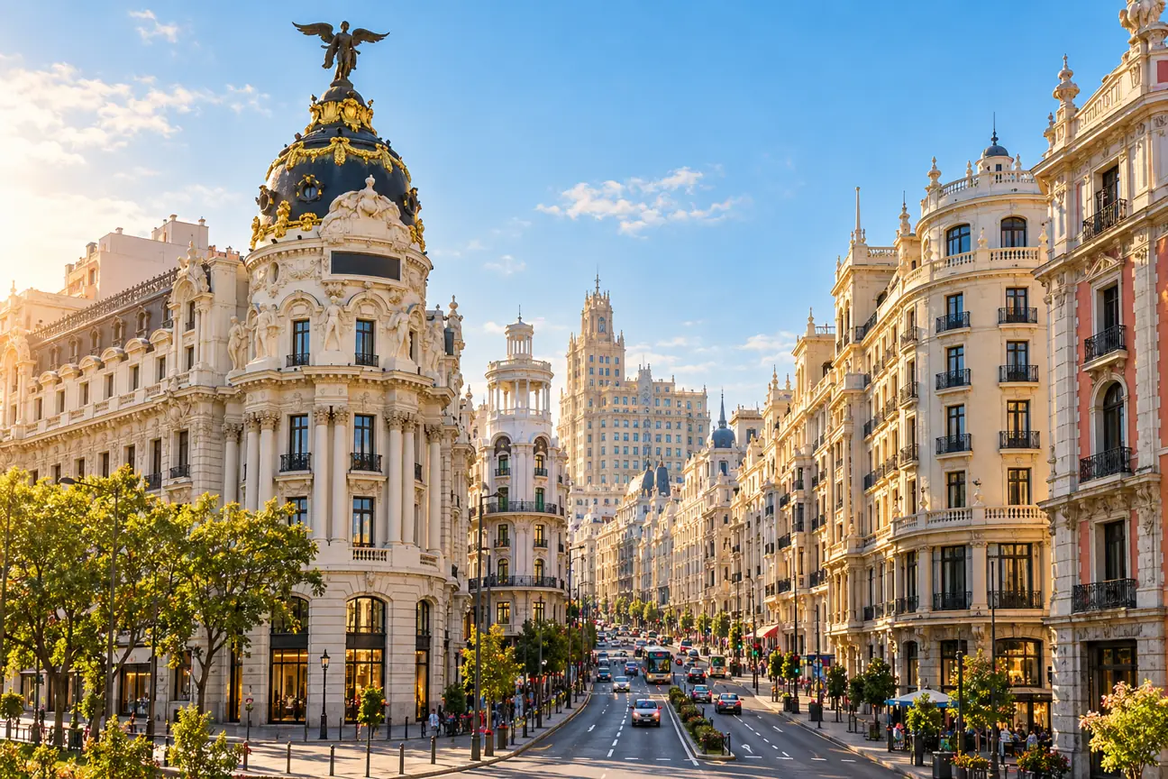 Historické budovy a široká ulice v centru Madridu – AI ilustrační fotografie