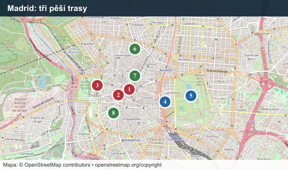 Mapa centra Madridu se třemi barevnými pěšími trasami a osmi číslovanými zastávkami
