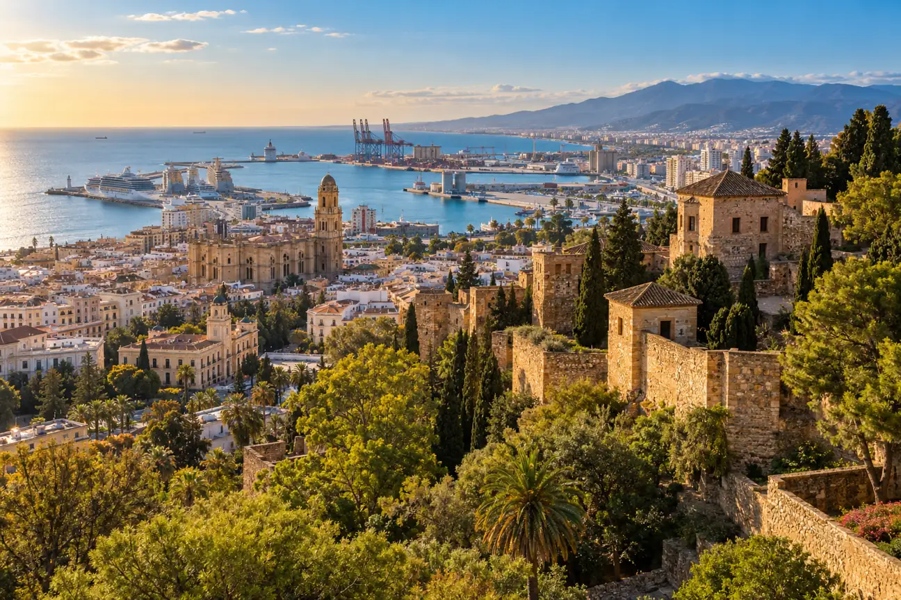 Výhled na historickou Málagu, pevnost Alcazaba a přístav – AI ilustrační fotografie