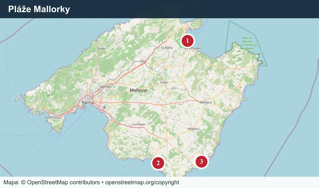 Mapa Mallorky s označením Platja de Muro na severu, Es Trenc na jihu a zátok Mondragó a s'Amarador na jihovýchodě