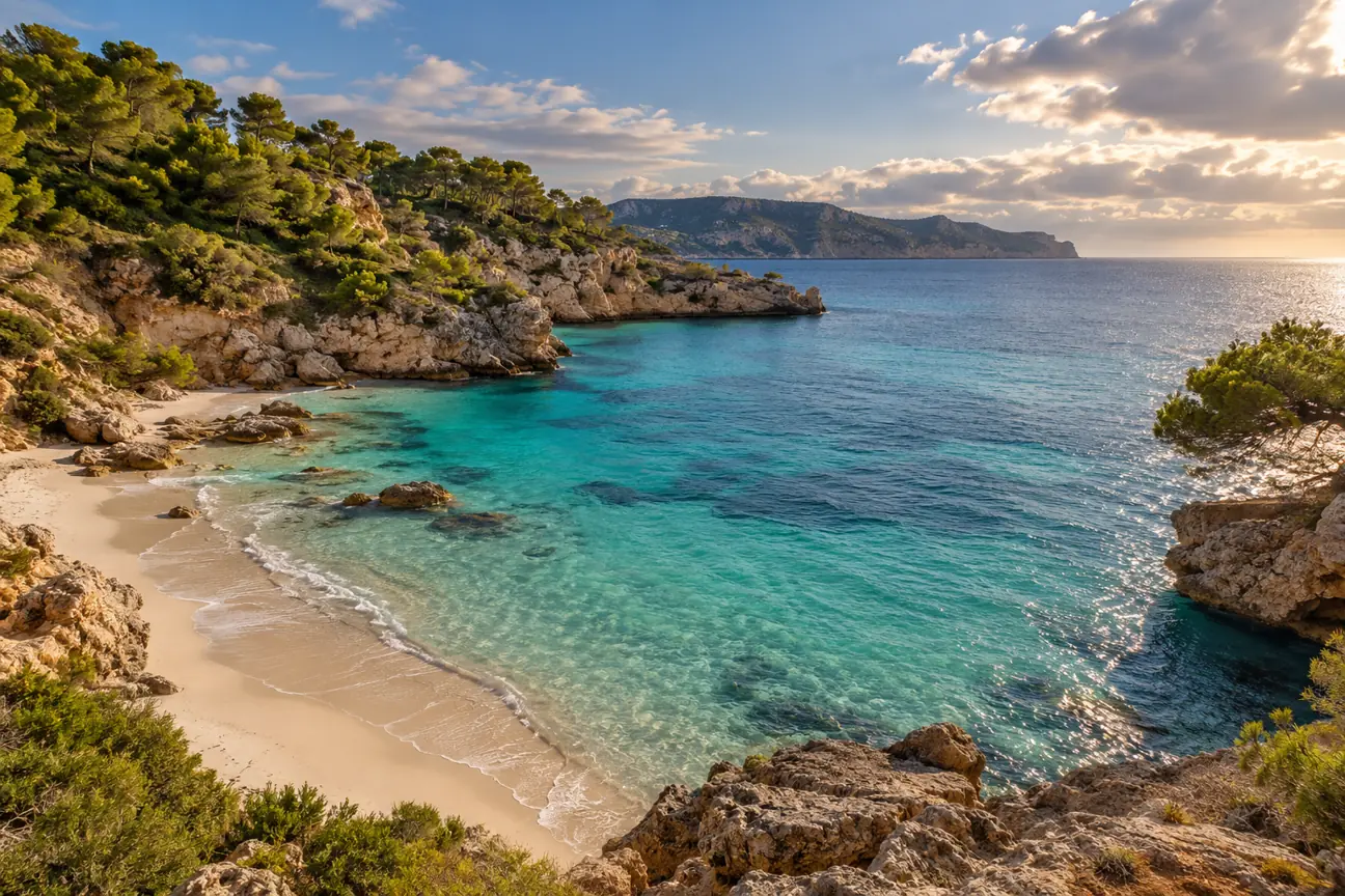 Klidná zátoka na Mallorce za mírně oblačného podzimního dne – AI ilustrační fotografie