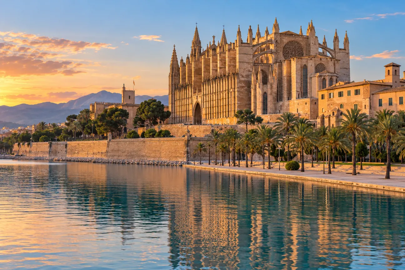 Katedrála La Seu nad pobřežím a starým městem Palmy de Mallorca – AI ilustrační fotografie