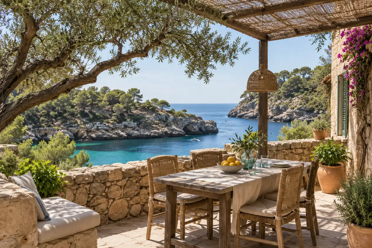 Klidná terasa mallorského ubytování s výhledem na mořskou zátoku – AI ilustrační fotografie